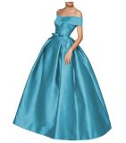 Women Off Shoulder Puffy Maxi Lace-Up Bow Evening Dress（Processing time need 3-6 days）