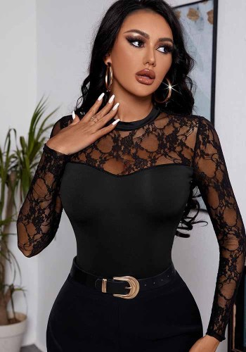 Women Lace Mesh Patchwork Long Sleeve T-Shirt Round Neck Hollow Out Top