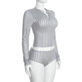 Women Casual Striped Zipper Long Sleeve Top & Shorts Sexy Two Piece Set