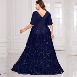 Plus Size Women Elegant V-Neck Short Sleeve Mesh Formal Party Dress（Processing time need 3-6 days）