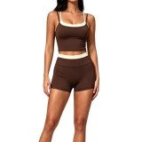 Women Color Block Fake Two Piece Workout Top & Yoga Shorts Two Piece Set