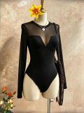 Women V-Neck Sexy Basic Mesh Patchwork Long Sleeve Bodysuit