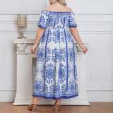 Women’s Summer Blue White Floral Print Off Shoulder Puff Sleeve Slim Waist Holiday Maxi Dress