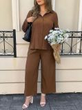 Women’s Summer Loose Shirt and Wide Leg Pants Casual Career Two Piece Set