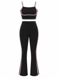 Women’s Fashion Casual Colorblock Strap High Waist Flared Pants Three Piece Set