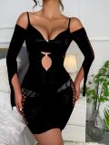 Women’s Sexy Pearl Embellished Bodycon Fishnet Bodystocking Dress