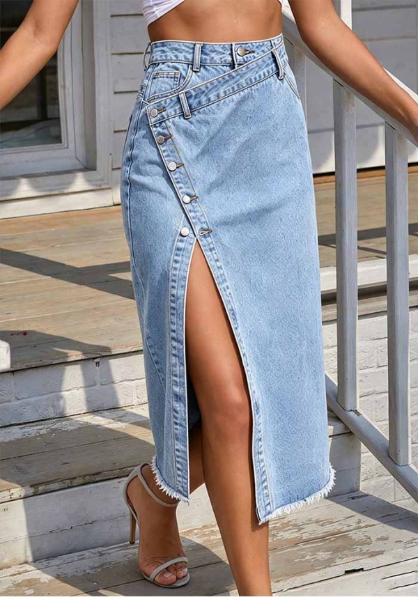 Women’s High Waist Raw Hem Slit Asymmetrical Denim Skirt