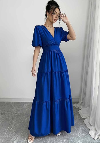 Women’s Royal Blue Cross V Neck Puff Sleeve Tiered Ruffle Holiday Maxi Dress