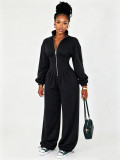Women’s Fall Winter High Neck Zip Adjustable Wide Leg Jumpsuit