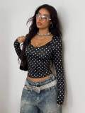 Women’s Polka Dot Lace Patchwork Long Sleeve Square Neck Slim Fit Cropped T Shirt