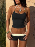 Women’s Printed Strap Vest Colorblock Square Leg Shorts Beach Casual Two Piece Swimsuit