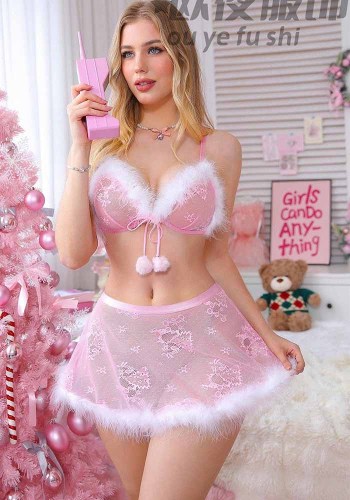 Women’s Sexy Pink Lace Strap Low Back See Through Christmas Lingerie Set