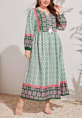 Women’s Bohemian Geometric Floral Print Long Sleeve Loose Maxi Dress