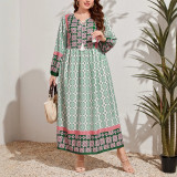 Women’s Bohemian Geometric Floral Print Long Sleeve Loose Maxi Dress