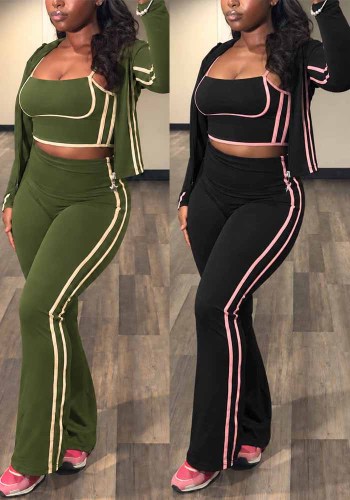 Women’s Fashion Casual Colorblock Strap High Waist Flared Pants Three Piece Set