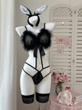 Women’s Sexy Red Christmas Bunny Ear Plush Open Crotch Lingerie Costume with Stockings