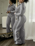 Women’s Fall Winter Turndown Collar Zip Long Sleeve Top Wide Leg Pants Two Piece Set