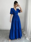 Women’s Royal Blue Cross V Neck Puff Sleeve Tiered Ruffle Holiday Maxi Dress