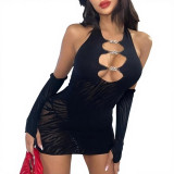 Women’s Halter Neck Chain Sleeve Bodycon Dress Lingerie