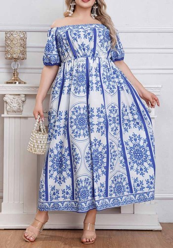 Women’s Summer Blue White Floral Print Off Shoulder Puff Sleeve Slim Waist Holiday Maxi Dress
