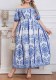 Women’s Summer Blue White Floral Print Off Shoulder Puff Sleeve Slim Waist Holiday Maxi Dress
