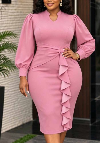 Women’s Plus Size Pink Stand Collar Puff Sleeve Slim Waist Ruffle Hem Bodycon Formal Party Midi Dress