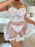 Women’s Valentine’s Day Red Lace Mesh See Through Strap Dress and Thong Two Piece Lingerie Set