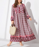 Women’s Bohemian Geometric Floral Print Long Sleeve Loose Maxi Dress