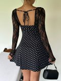 Women’s Polka Dot Lace Long Sleeve Slim Waist A Line Mini Dress