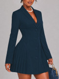 Women’s Fall Winter Turndown Collar Button Pleated A Line Mini Dress