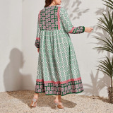 Women’s Bohemian Geometric Floral Print Long Sleeve Loose Maxi Dress