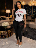 Women’s Fashion Casual Printed Short Sleeve T Shirt and High Waist Pants Two Piece Set