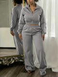 Women’s Fall Winter Turndown Collar Zip Long Sleeve Top Wide Leg Pants Two Piece Set