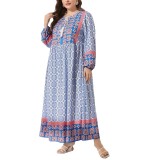Women’s Bohemian Geometric Floral Print Long Sleeve Loose Maxi Dress