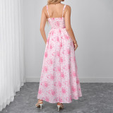 Women’s Summer Floral Print Low Back Slim Waist Holiday Maxi Dress