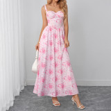 Women’s Summer Floral Print Low Back Slim Waist Holiday Maxi Dress