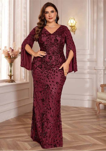 omen’s Plus Size Long Sleeve Sequin Slim Fit Mermaid Formal Party Dress