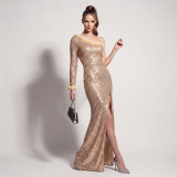 Women’s Formal Party One Shoulder Single Sleeve Sequin Floral Applique Slit Evening Dress