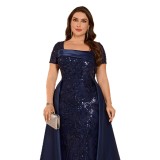 Women’s Plus Size Elegant Square Neck Pleated Sequin Formal Party Maxi Dress