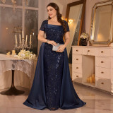 Women’s Plus Size Elegant Square Neck Pleated Sequin Formal Party Maxi Dress