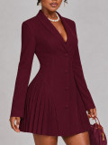 Women’s Fall Winter Turndown Collar Button Pleated A Line Mini Dress