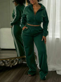Women’s Fall Winter Turndown Collar Zip Long Sleeve Top Wide Leg Pants Two Piece Set