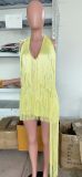 Women Party Tassel Halter Neck Sexy Backless Train Dress