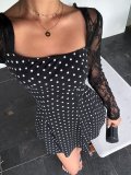 Women’s Polka Dot Lace Long Sleeve Slim Waist A Line Mini Dress