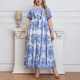 Women’s Summer Blue White Floral Print Off Shoulder Puff Sleeve Slim Waist Holiday Maxi Dress