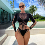 Women’s Sexy Beaded Long Sleeve Cutout See Through Fishnet Bodysuit Lingerie