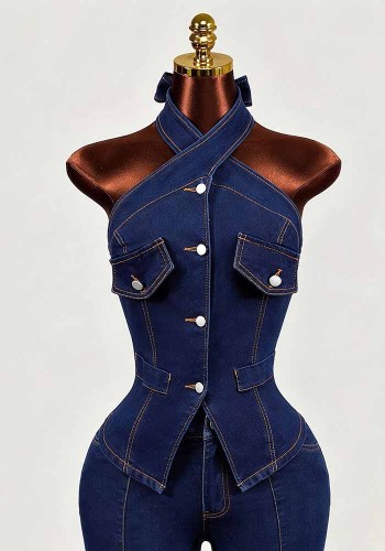 Women’s Summer Halter Neck Criss Cross Halter Neck Low Back Denim Top