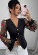 Women’s Black V Neck Mesh Floral Embroidered Long Sleeve Puff Sleeve Slim Waist Shirt
