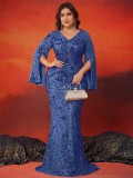 omen’s Plus Size Long Sleeve Sequin Slim Fit Mermaid Formal Party Dress