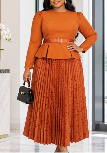 Women’s Plus Size Orange Long Sleeve Round Neck Slim Waist Ruffle Top Polka Dot Pleated Skirt Set